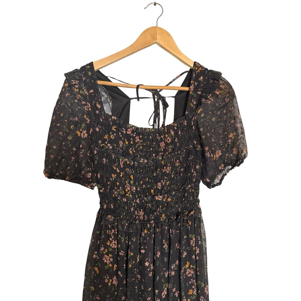 Slate & Willow Black Floral Print Chiffon Puff Sleeve Smocked Maxi Dress Small - Picture 3 of 13